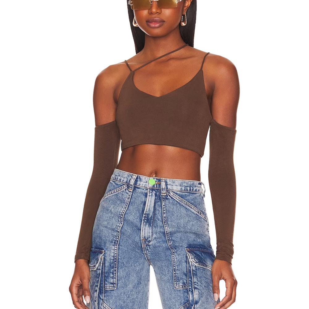 superdown Chocolate Brown Crop Top SIZE XS Asymmetrical Long Sleeve Cut Out NEW